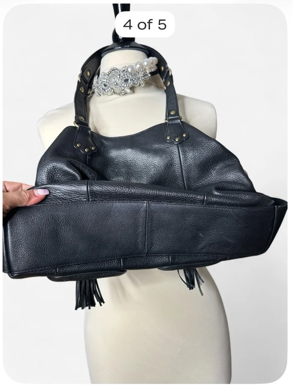 Alfani Black Leather Shoulder Bag with Tassel Pockets + Fringe VINTAGE